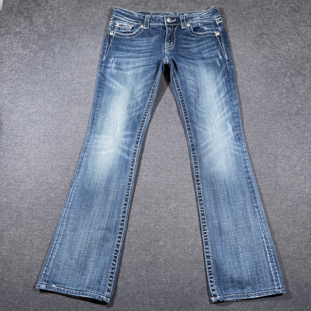 Miss Me Bootcut Jeans Women 29 Blue Fleur De Lis Embellished Low Rise Bling Boho - Picture 2 of 10